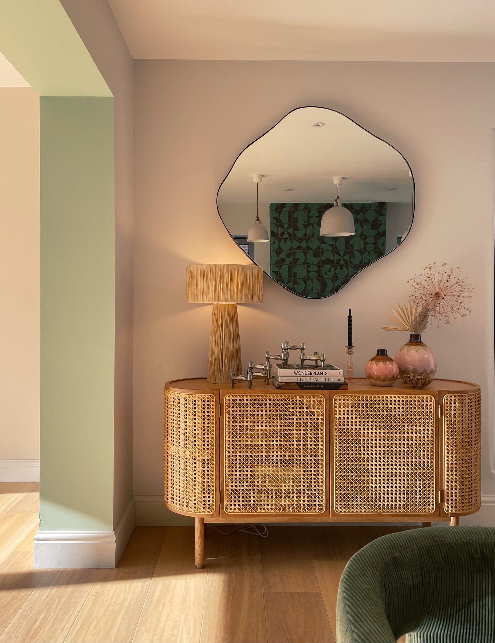 Interior design, contemporary furniture and mirror