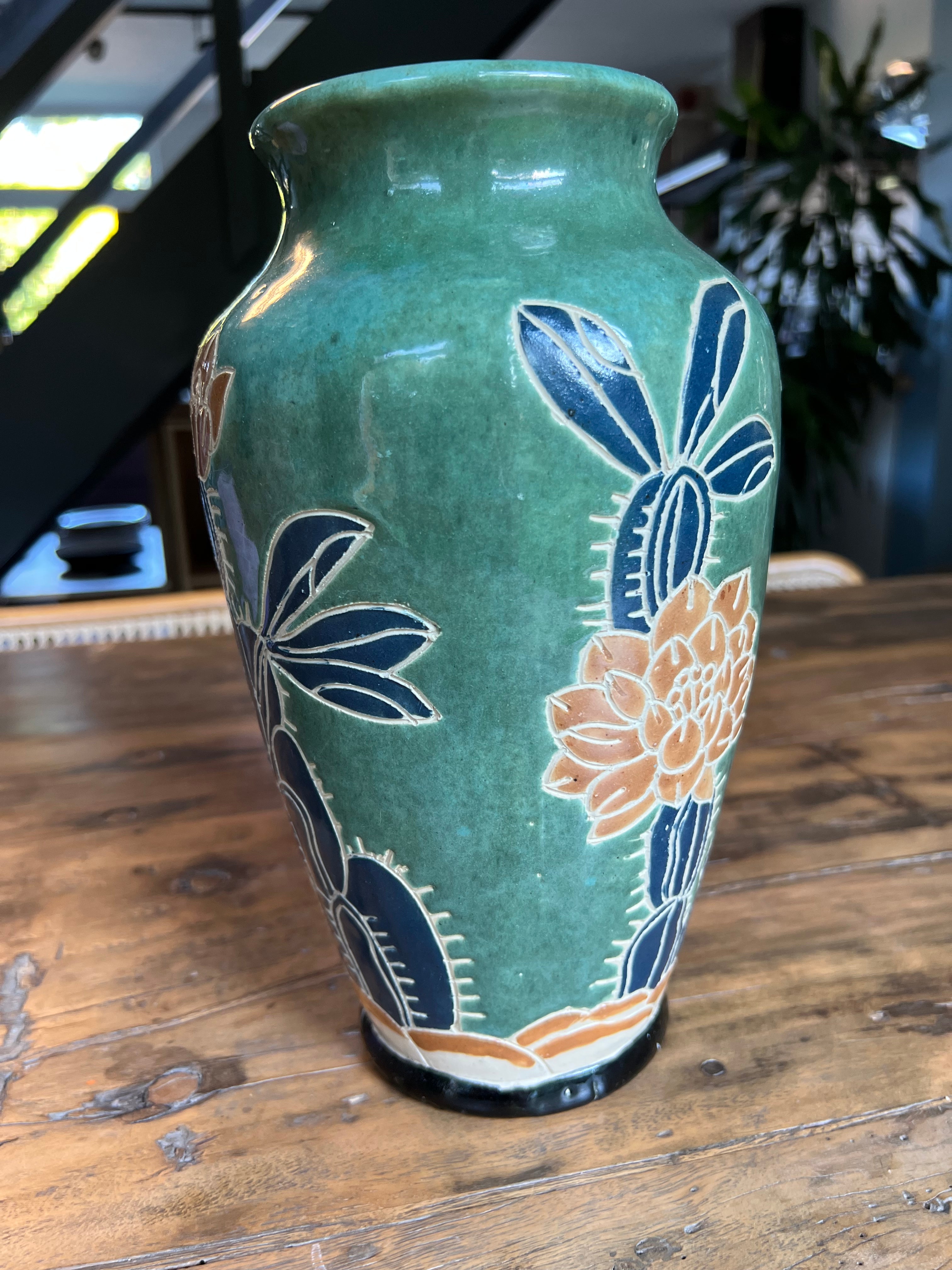 Vintage Large Vase, Hand-Painted & Etched Pottery