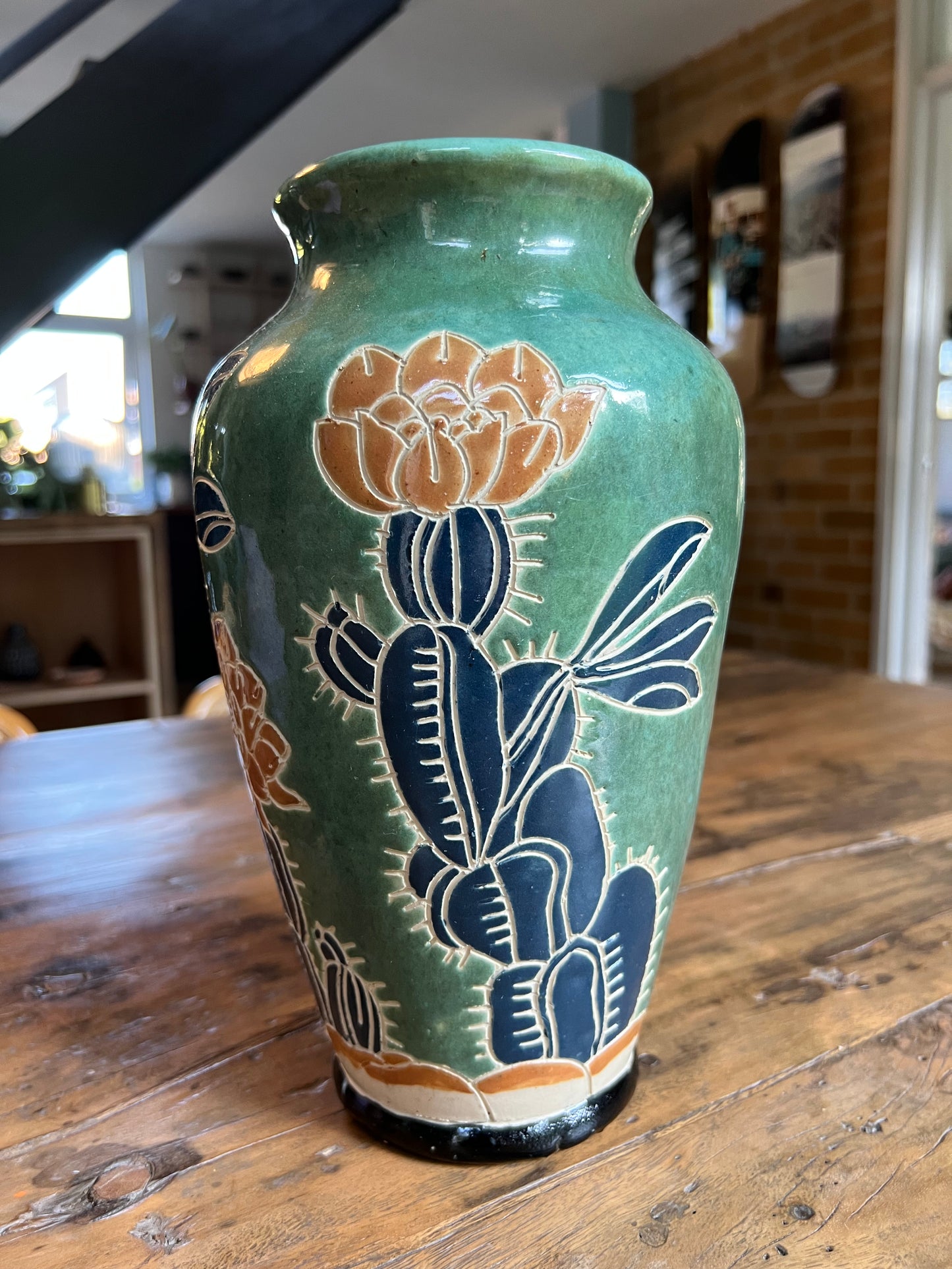 Vintage Large Vase, Hand-Painted & Etched Pottery