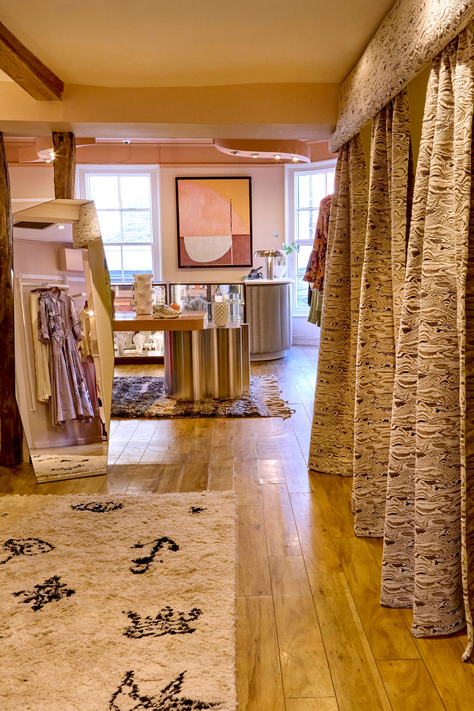 Free standing Ferm Living mirror. Henry Holland fabric made to measure curtains.