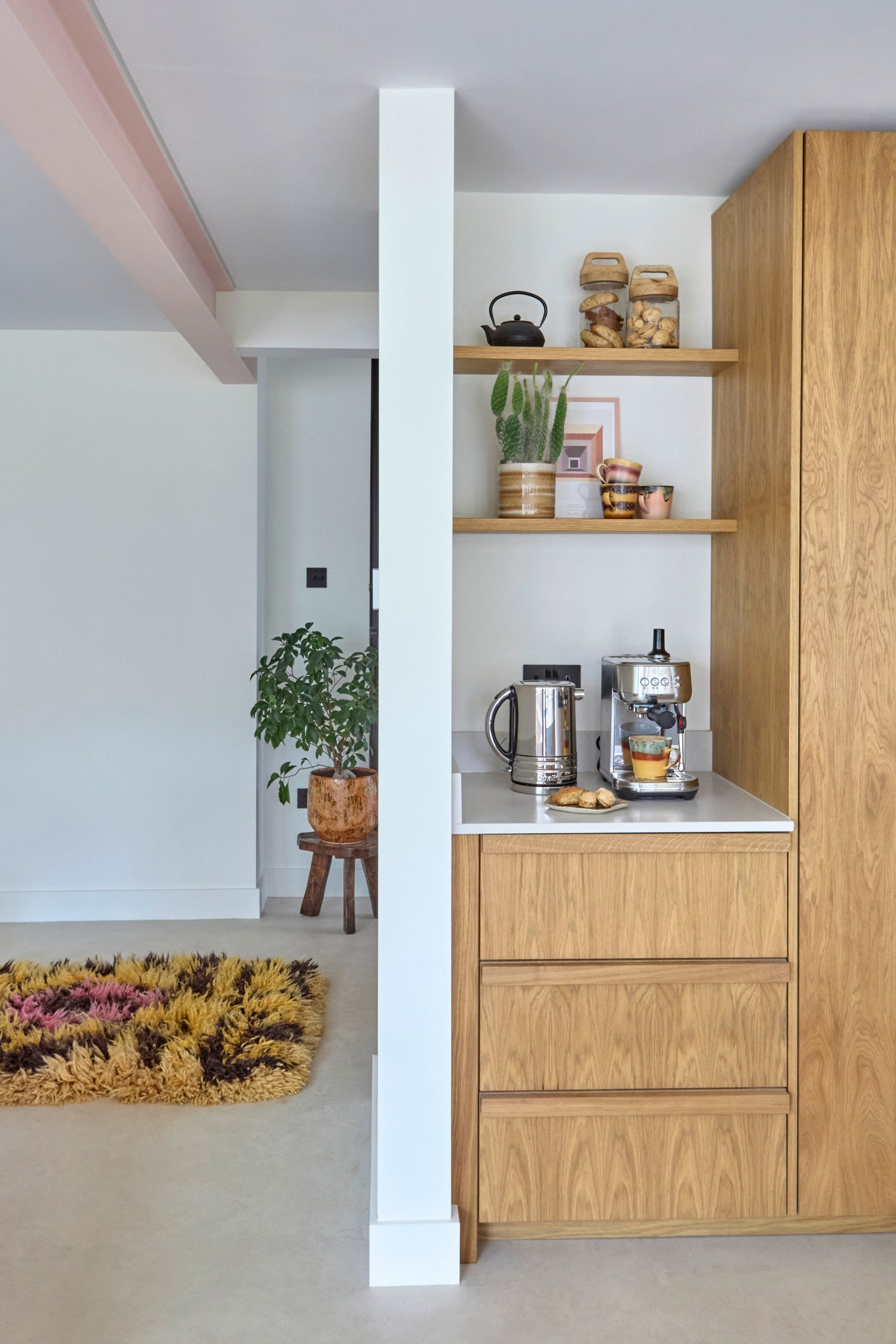 Coffee nook, Kitchen by Lark Valley, HK Living coffee cups. HK Living rug. Artwork by Postery