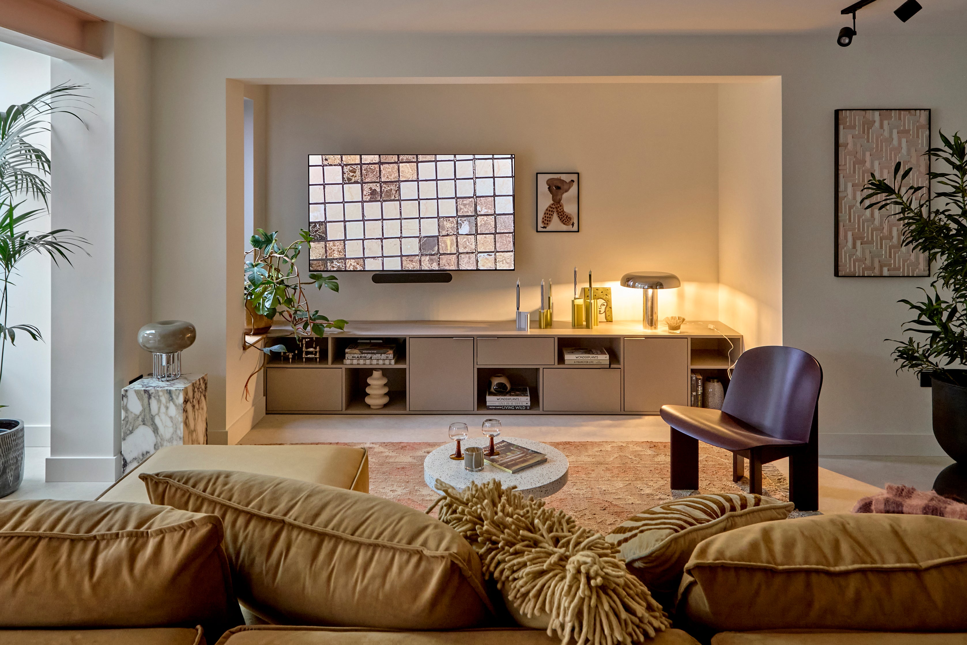 Tylko shelving, HK Living Chrome lamp, Muuto candle holders, Hay candles, Hay chisel chair, H&M table lamp