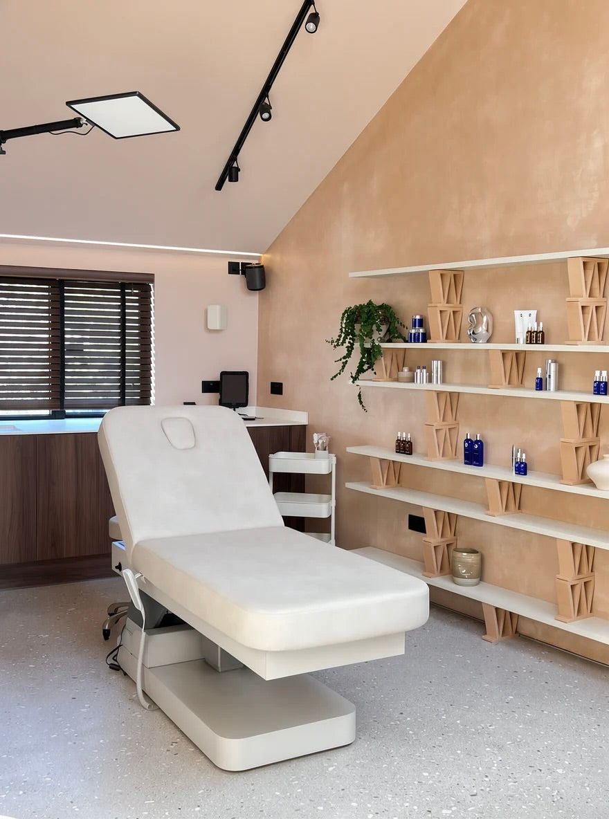 Botanix Clinic treatment room, beauty treatment chair, Walnut cabinet units, HAY Apex wall lights in Oyster white