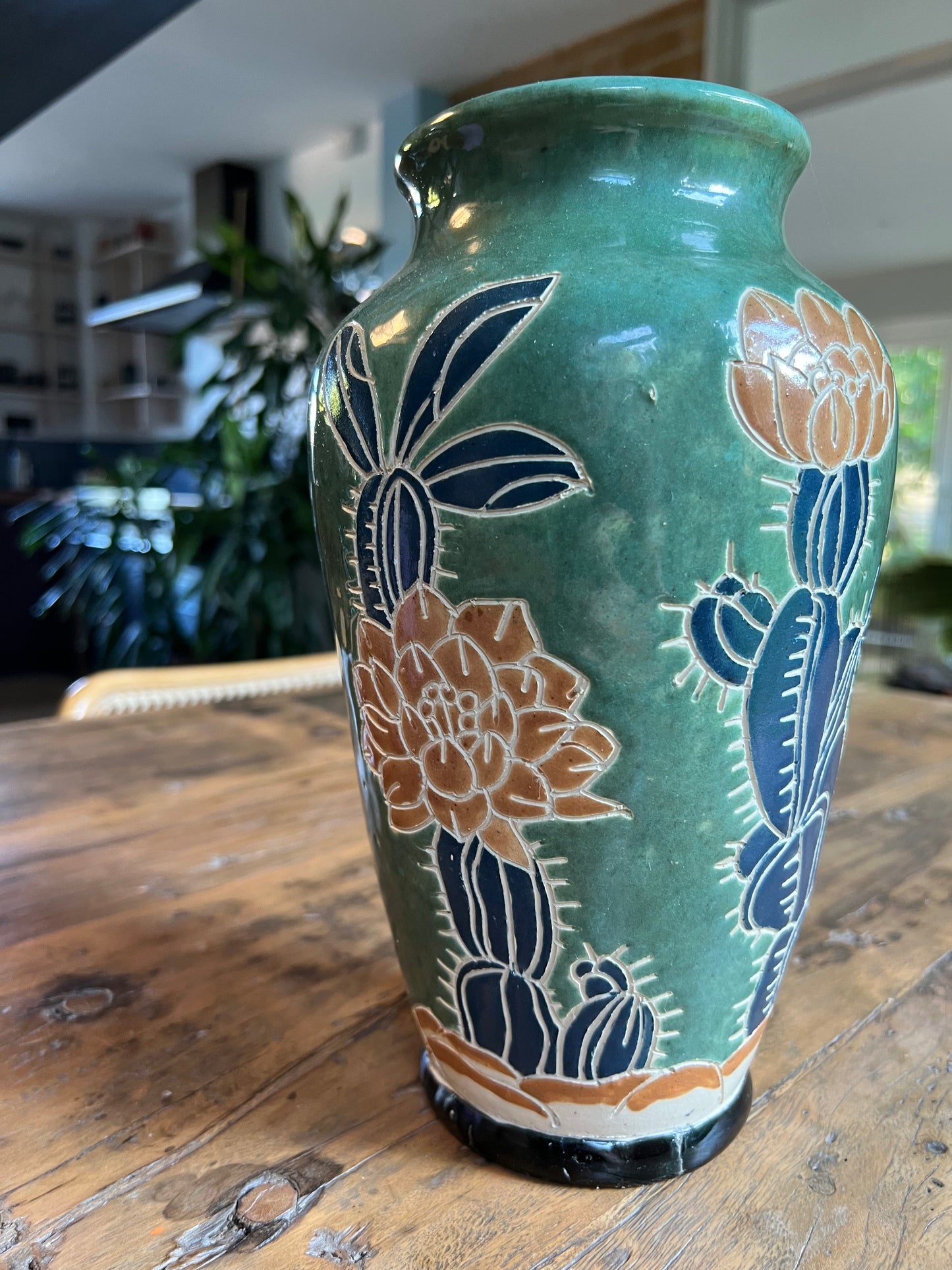 Vintage Large Vase, Hand-Painted & Etched Pottery