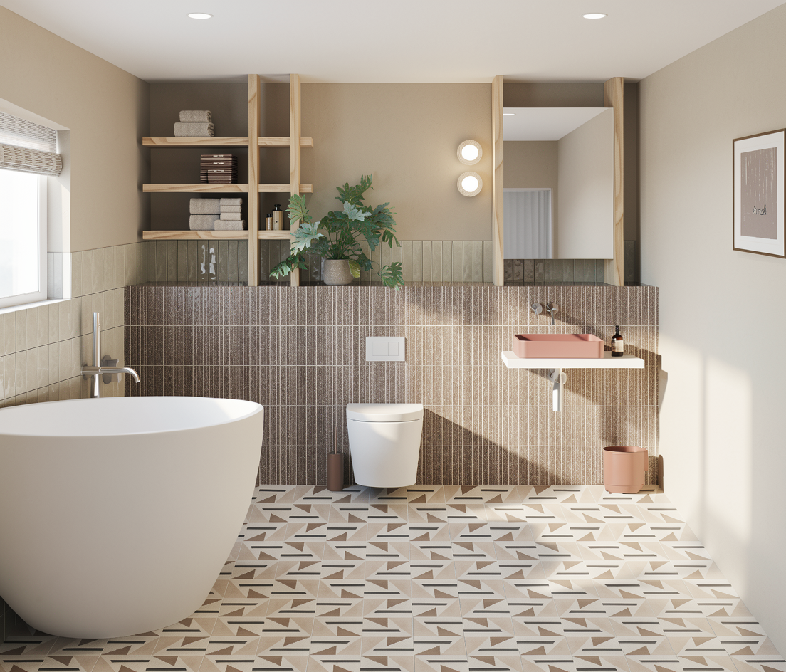 Lusso sSone Arquadro terracotta concrete sink, Tekla towels, Tulum Earth tile by Otto Tiles, Elements lighting Alicia by Made in design, Luxe silk matte bath by Lusso, Oita Tiles by Domus, Bathroom accessories by Westwing, Maarten Léon Glass half full artwork.