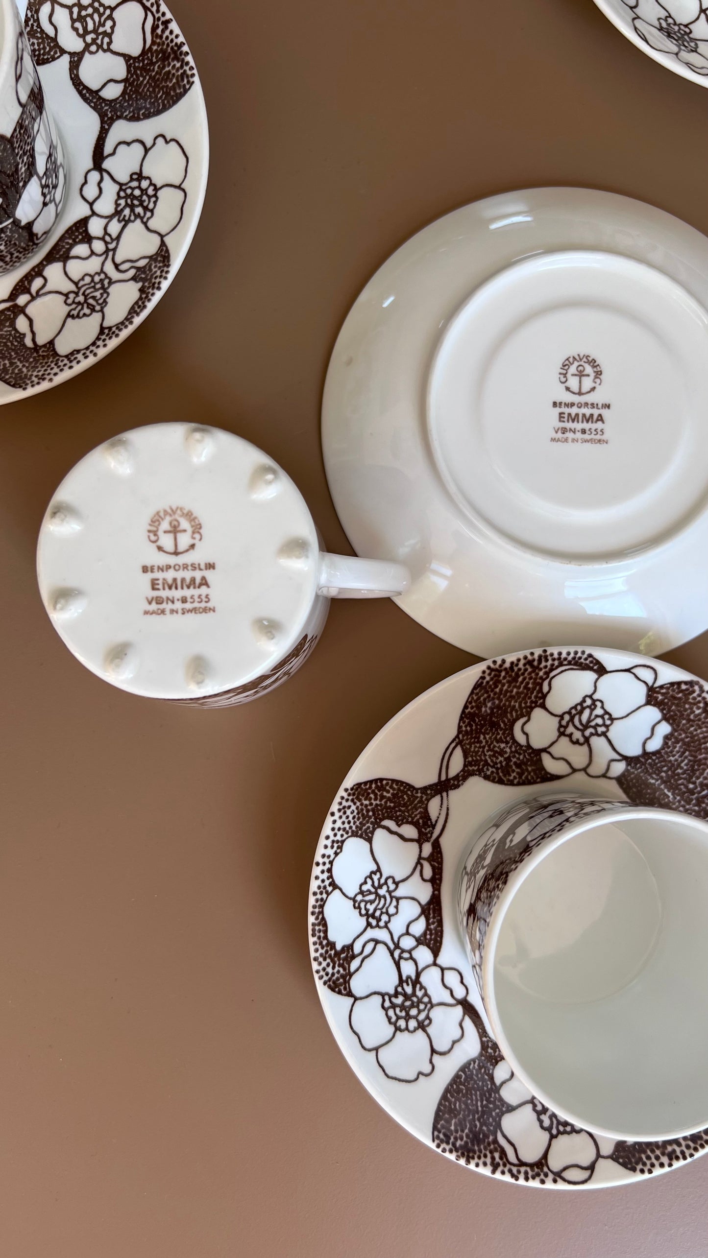 Vintage Gustavsberg ‘Emma’ Coffee Cups & Saucers – Set of Four