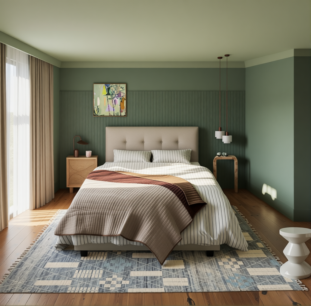 Gorgie Wilson artwork, M&S bedside table,  burl wood side table, Pendant Gigi n°4 Warren & Laetitia, Tekla bedding, Rugvista carpetvista, Arum Table Lamp 