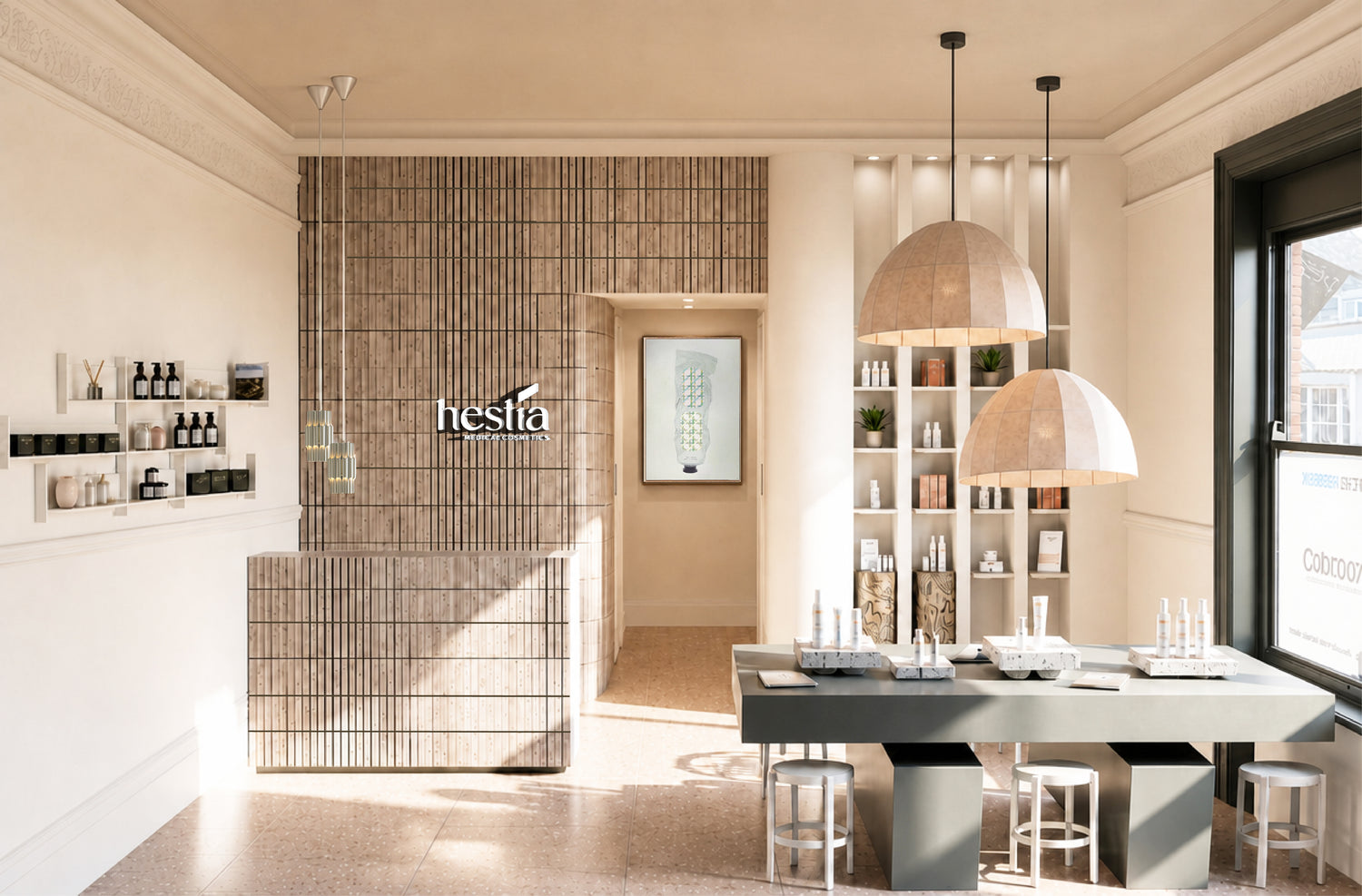 Hestia cosmetics, bespoke table, oversized pendant lights, Tiptoe metal shelves, PAN 120 Pendant Aluminium, Sunshine Woo Woo artwork by Gorgie Wilson, Travertine Genova tiles by Lusso Stone.