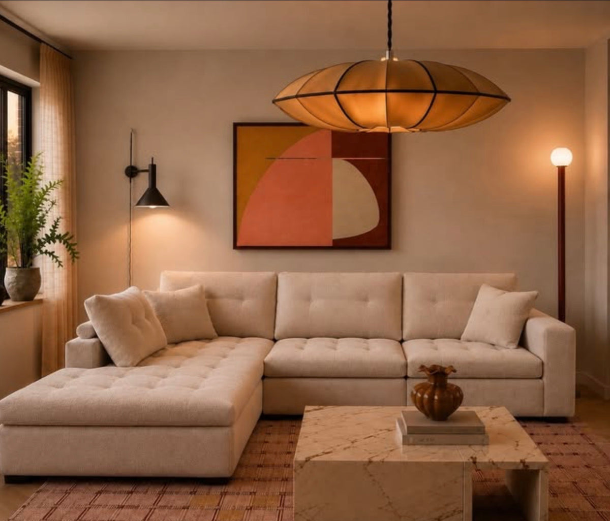Natural tone King sofa, statement lighting, layered lighting, HK Living artwork, contemporary cubic marble coffee table, cool directional wall light, beautiful large area rug