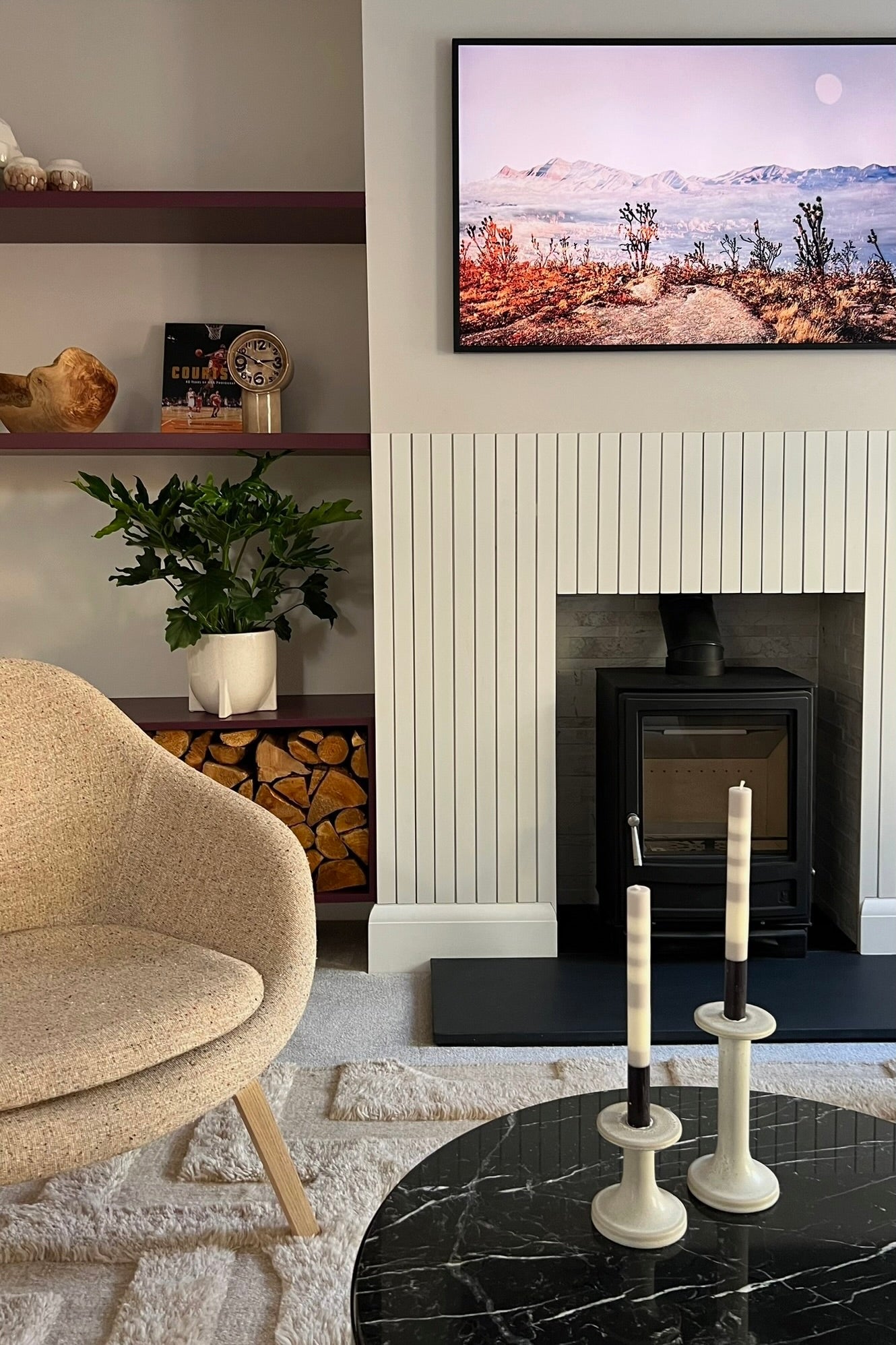 Contemporary lounge with wood burner, beautiful, relax and informal  interior design