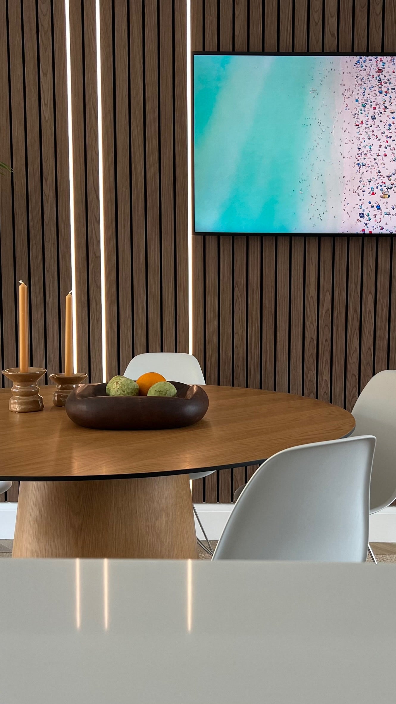 Walnut wood paneling with inserted light strips