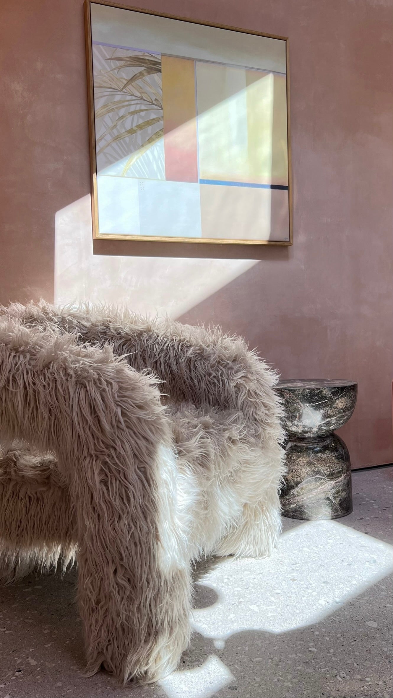 California Soul - Limited Edition Print by Georgie Wilson at GEO. The LPD Home Freyja chair is upholstered in textured ivory faux fur and features a statement sculptural design.  Marble side table by Anthropologie