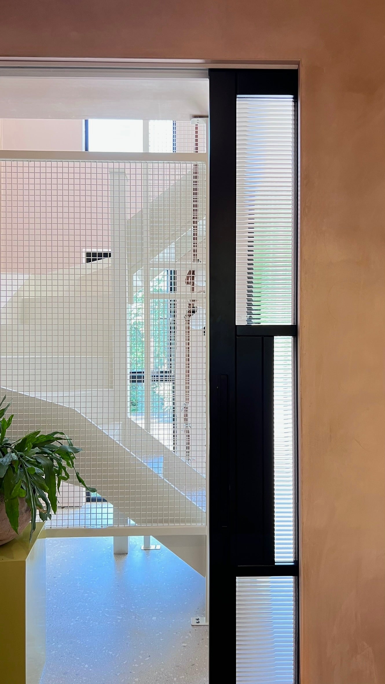 Botanix Clinic entrance area, light and airy space showcasing a bespoke and open metal grid staircase designed by House of Bo