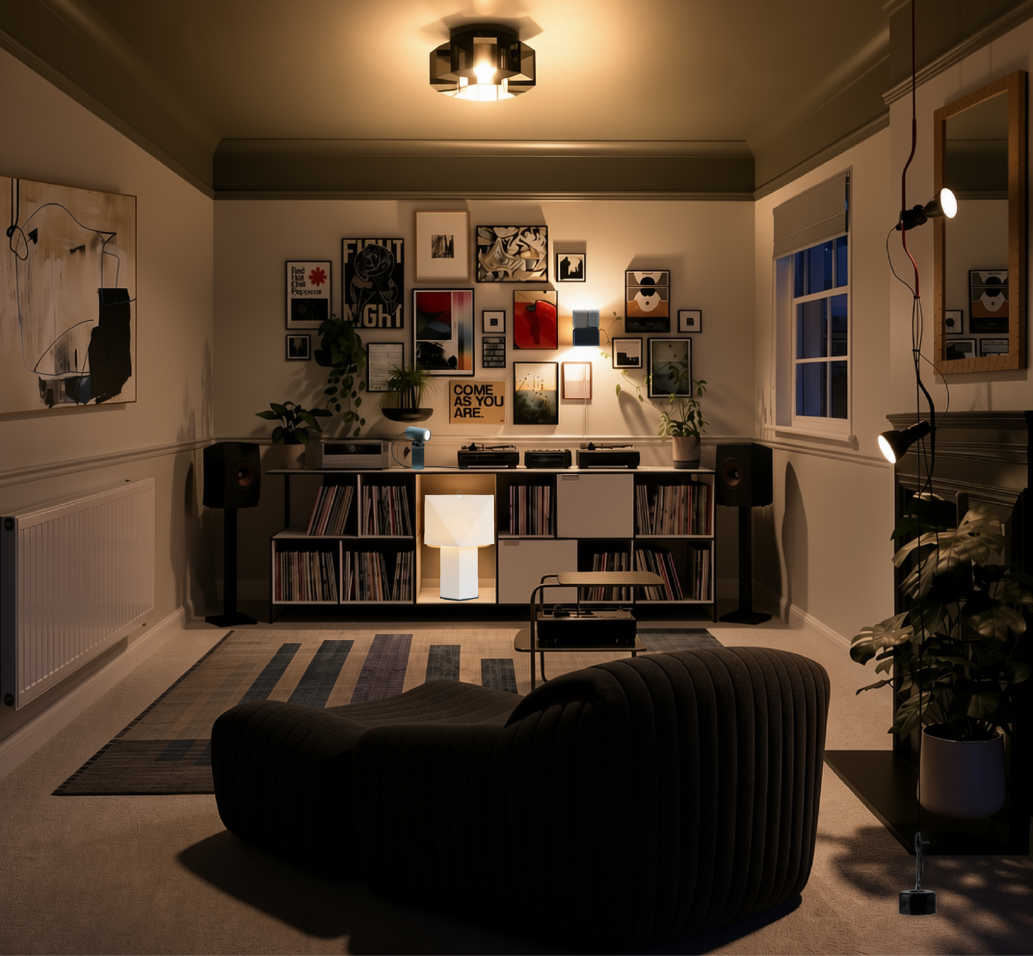 Listening room, Bilboquet lamp, Flos Parents Suspension light, Aplat lamp, Slot shelving, Vitra Corniche shelves, Tabata LN10 wall light, Sandra Armchair from Ligne Roset, Flate vinyl rack, HK living artwork, Droolart, Goodmoodprint, Postery, Farrow & Ball paint Light Bronze Green 123