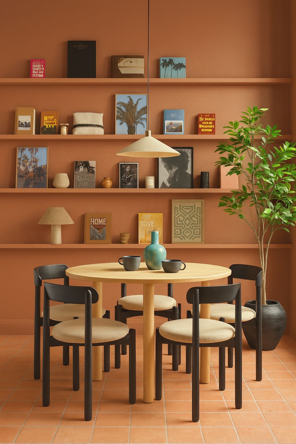 Warm terracotta walls with ledge shelving to display art, books and objects