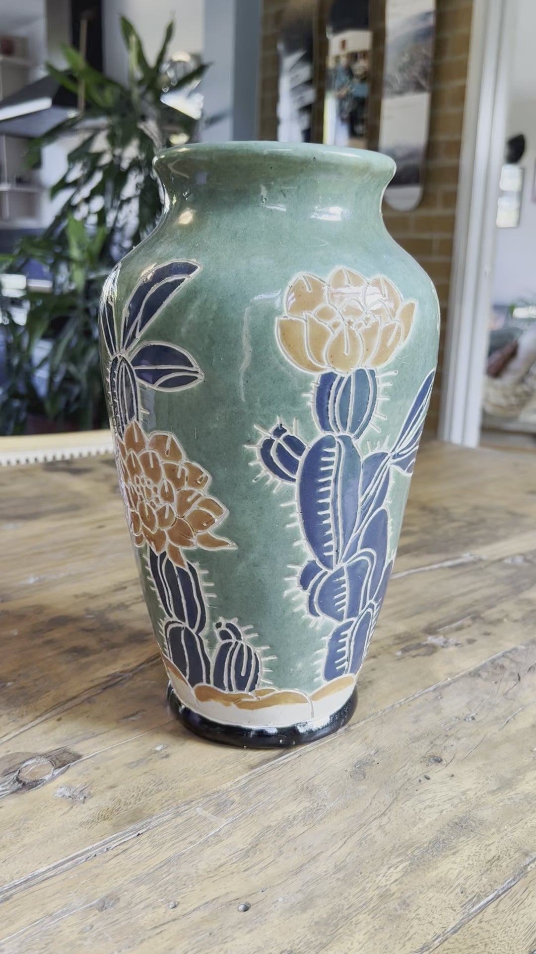 Vintage Large Vase, Hand-Painted & Etched Pottery