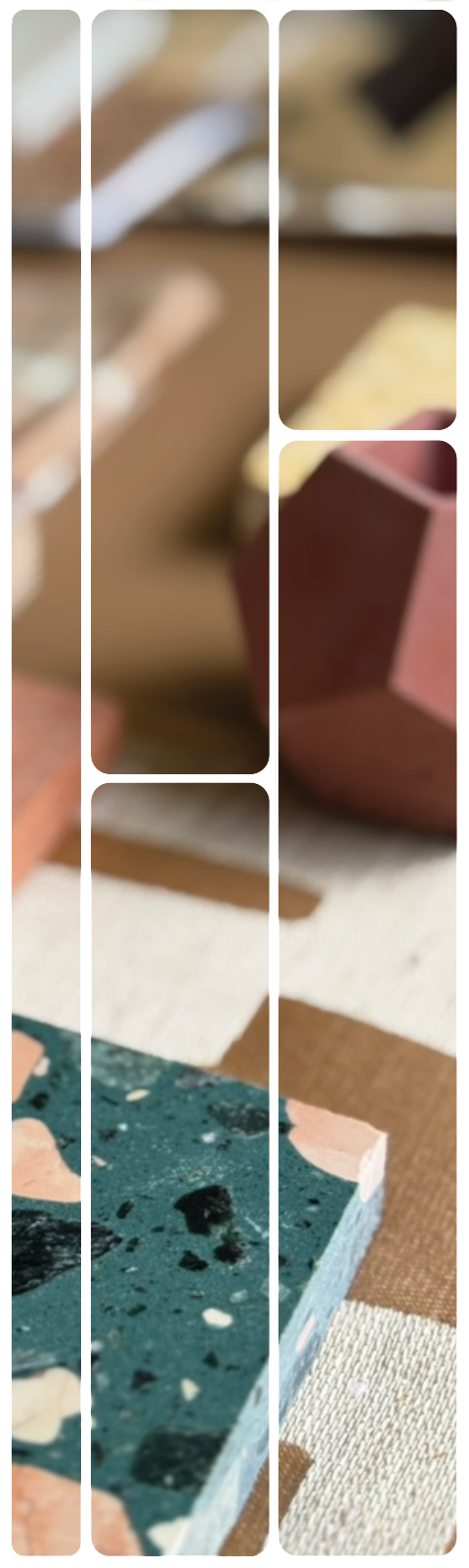 Material samples, terrazzo, contemporary fabric etc