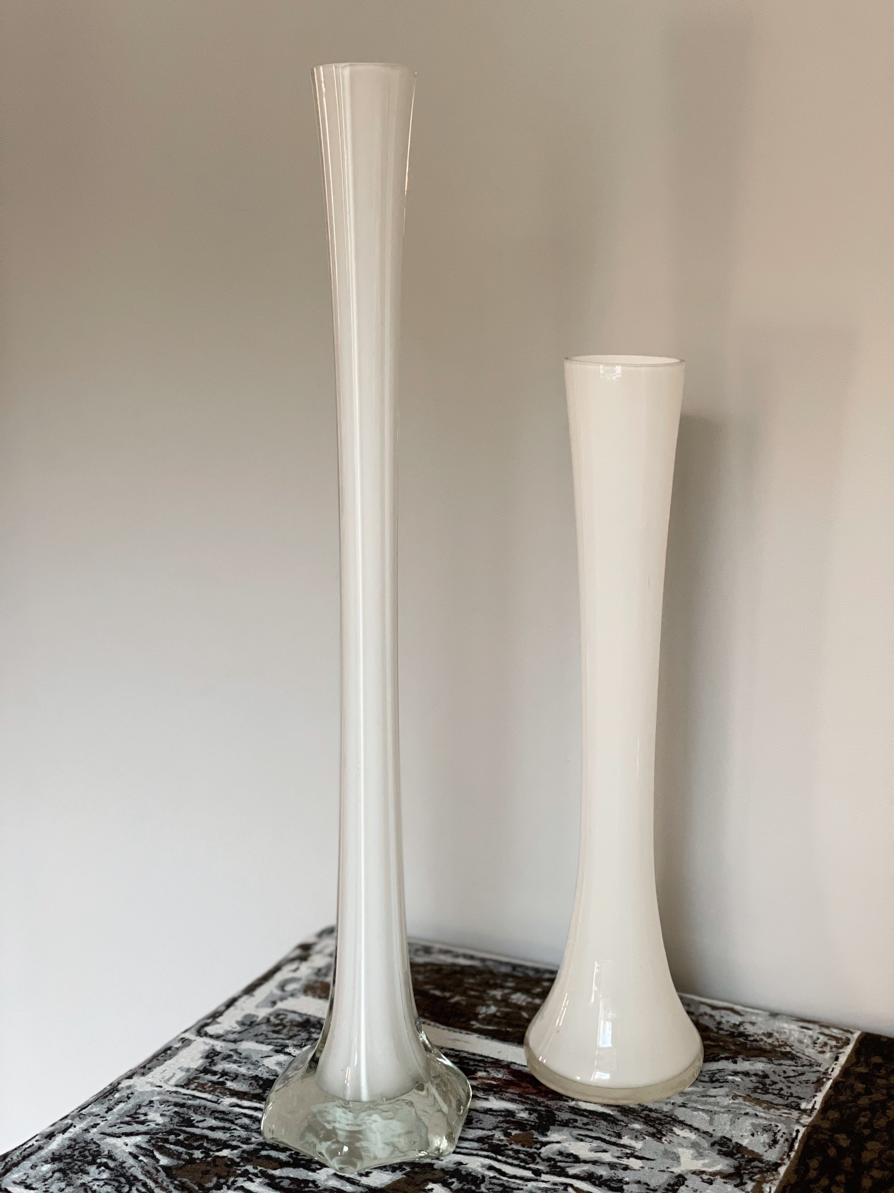 White Tall Slim Glass Vases, Sold as a set of two